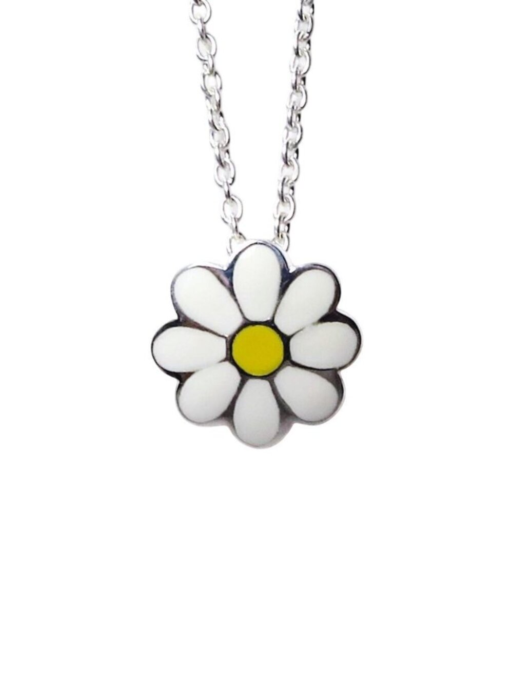 Vintage Kit Heath Sterling Silver Enamel Daisy Flower Pendant Kid's 14" Necklace